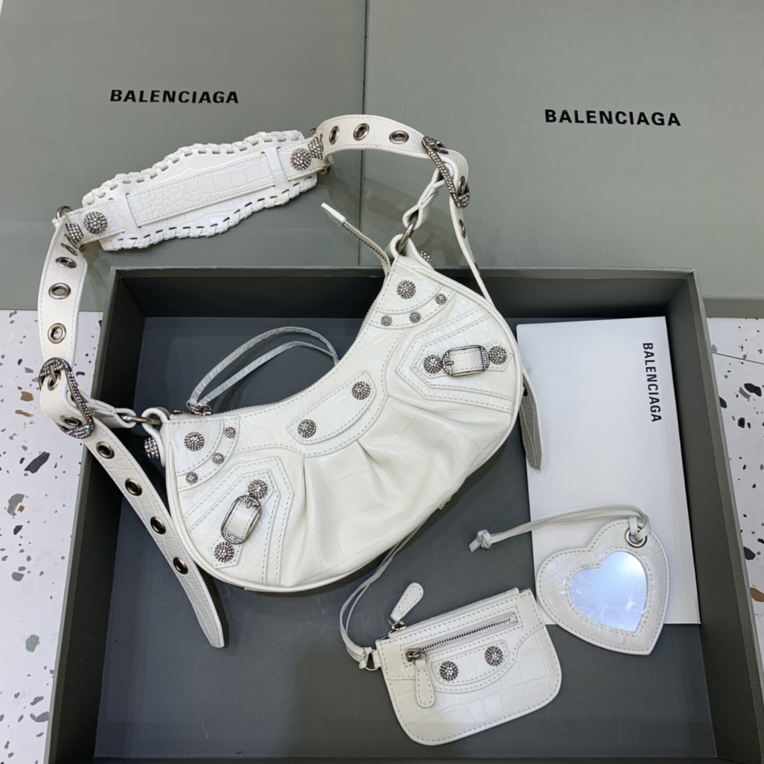 Balenciaga Le Cagole XS Shoulder Bag Crocodile Embossed Rhinestones White